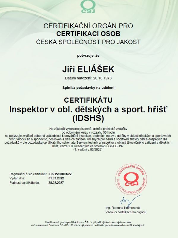 Certifikát Inspektor dětských a sportovních hřišť (IDSHS)